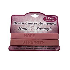 Breast Cancer Awareness Hope & Strength Pink Silicone Bracelets‎ 2-Pack Set